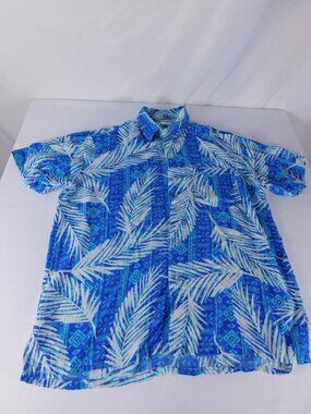 Hula Bay Shirt Mens M Blue Hawaiian Short Sleeve Button-Up Rayon Tropical